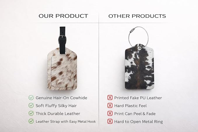 Mulch Leather Genuine Cow Leather Luggage Tag (Pack of 3) for Baggage ID Tags Travel Bag Tags for Suitcases Privacy Cover ID Label (Hair ON)