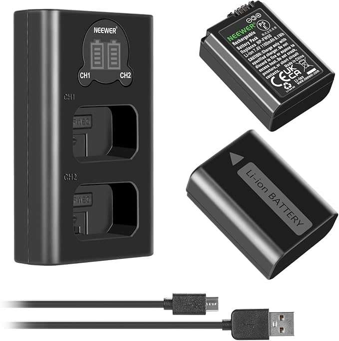 NEEWER NP-FW50 Camera Battery Charger Set Compatible with Sony ZV-E10 A7 A7R A7RII A7II A7SII A7S a6300 a6400 a6500 RX10 Series, 2 Pack 1100mAh Replacement Batteries, Micro USB&Type C Dual Charger