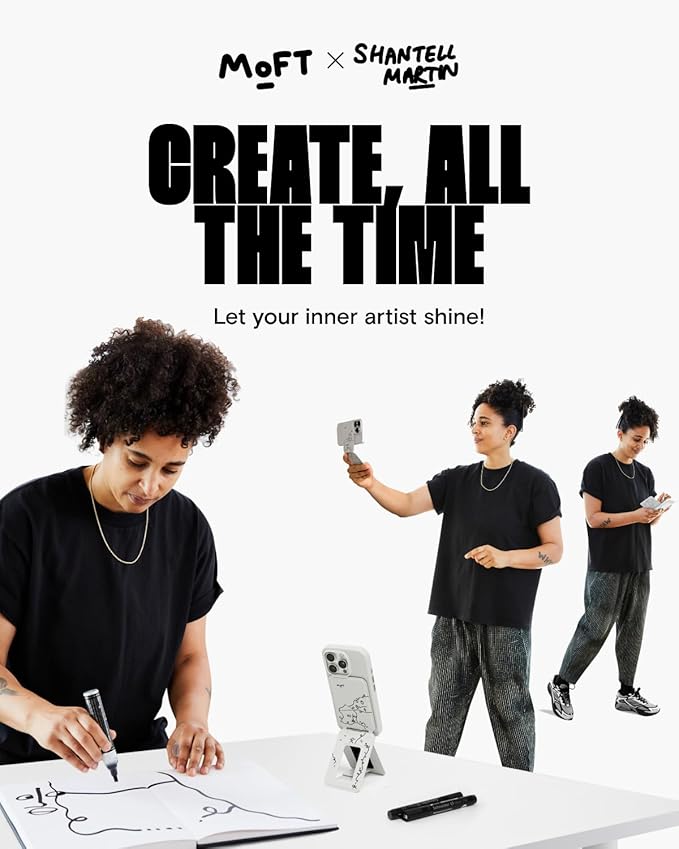 MOFT Phone Tripod Wallet x Shantell Martin for iPhone, Mulit-Angles, Lightweight & Portable Phone Stand, MOVAS Vegan Leather Phone Wallet, Strong Magnets, NFC Card Holder, Misty Cove (with Card Slot)