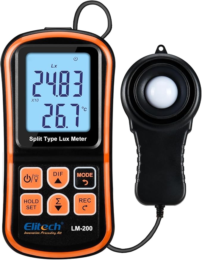 Elitech Digital Light Meter LM-200, Handheld Illuminance Meter with LCD Display, 200,000 Lux Range, Temperature Measurement