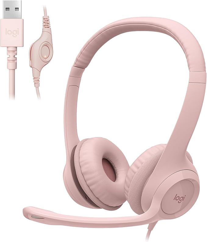 Logitech H390 Wired Headset for PC/Laptop, Stereo Headphones with Noise Cancelling Microphone, USB-A, in-Line Controls, Works with Chromebook - Rose