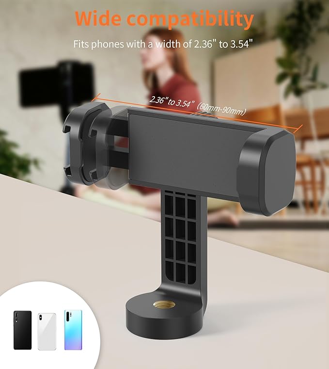 Phone Mount for Tripod, Universal Tripod Mount Adapter with Cold Shoe, 360° Rotates Adjustable Cell Phone Clip Clamp Holder with 1/4" Screw, Compatible with iPhone/Android/4”-7” Phone