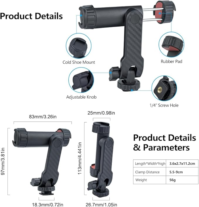 Dual Cold Shoe Phone Mount Holder — Universal Adjustable Smartphone Clamp with Dual Cold Shoe Mounts for Microphone & LED Light, 360° Rotating Ball Head, 1/4"-20 Tripod Screw Compatible