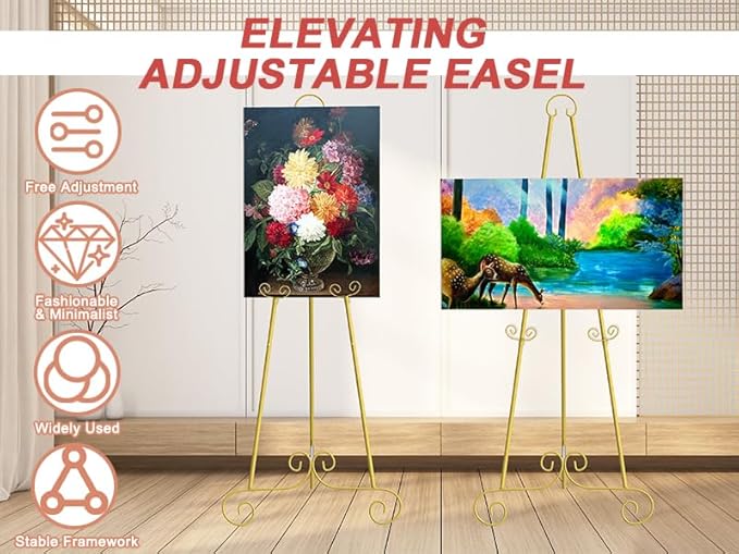 Display Easel, Metal Round Tube Scroll Vintage Gold Decorative Adjustable Floor Standing Easel with Chain Support, Perfect for Showcasing Pictures, Artwork, Picture Frame Wedding Sign Etc