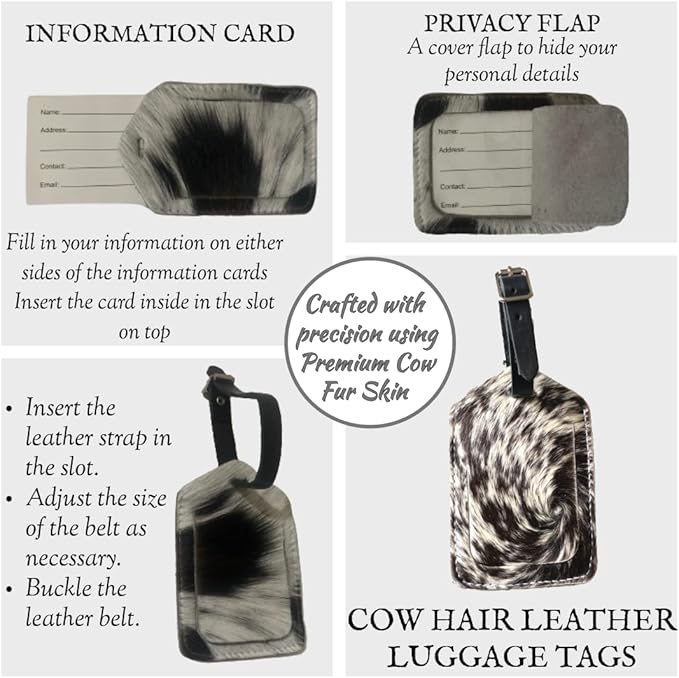 Mulch Leather Genuine Cow Leather Luggage Tag (Pack of 3) for Baggage ID Tags Travel Bag Tags for Suitcases Privacy Cover ID Label (Hair ON)