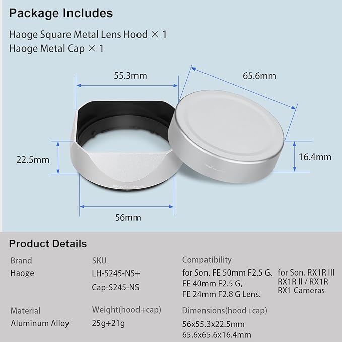 Haoge Metal Square Lens Hood for Sony RX1R3/RX1M2/RX1 FE 40mm F2.5 G FE 50mm F2.5 G FE 24mm F2.8 G Lens Shade on A7CII A7CR A7R4 Camera Bayonet Mount Silver