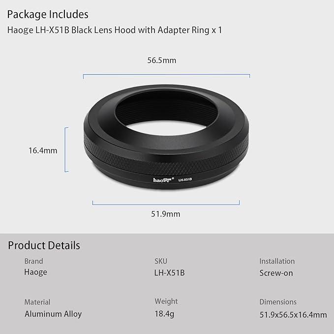 Haoge LH-X51B 2in1 All Metal Ultra-Thin Lens Hood with Adapter Ring Set for Fujifilm X100VI FinePix X100V Camera Accessories Black