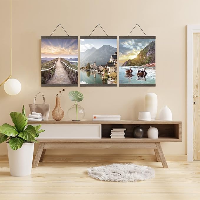 YK artwood 3 Pack Magnetic Poster Hanger Brown, 12x18 12x16 12x24 Poster Frame Wood Wooden Magnet Print Posters Dowel Scroll Hanger Hangers Hanging Kit for Walls Map Canvas Artwork