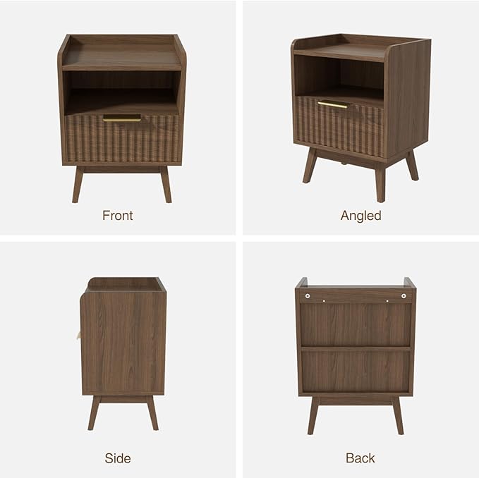 Modern Fluted Nightstand with Drawer and Open Storage Shelf, Bedside Table with Raised Edge, Boho Night Stand with Solid Wood Legs & Metal Handle, End Table for Bedroom Walnut