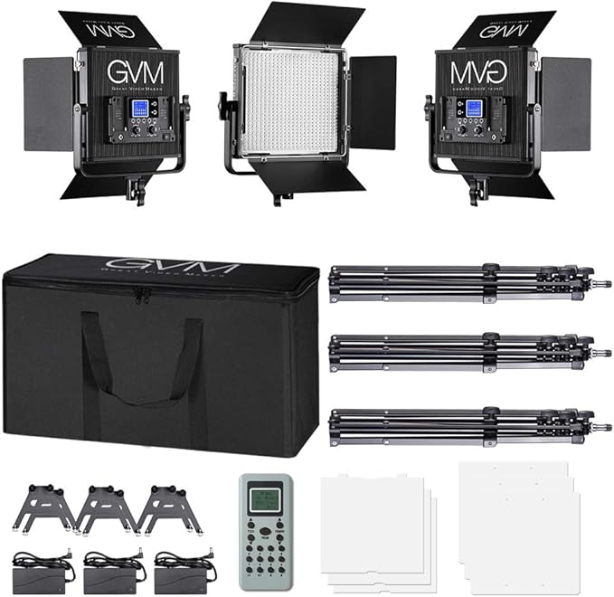 LED Video Light GVM 672S CRI97+ TLCI97+ 22000lux Dimmable Bi-color 3200K-5600K Light Panel With Digital Display For Outdoor Interview Studio Video Making Photography Lighting 3 pcs Kit