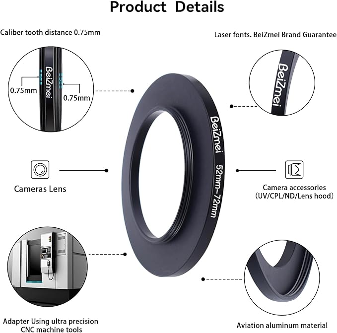 52mm to 72mm Camera Filters Ring,Filters Ring Compatiable All Brands Ø52mm Lens to Ø72mm UV ND CPL Camera Filter Accessory.Made of CNC.