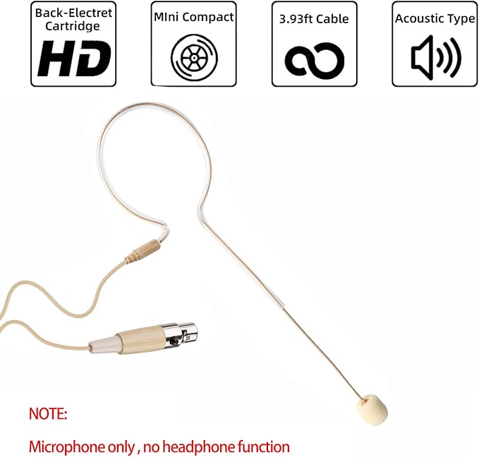 Headset Headworn Microphone - 3 Pin Mini XLR Head Microphone for AKG Samson Wireless System & Bodypack Transmitter – Beige Single Earhook Omnidirectional Headset Head Mic