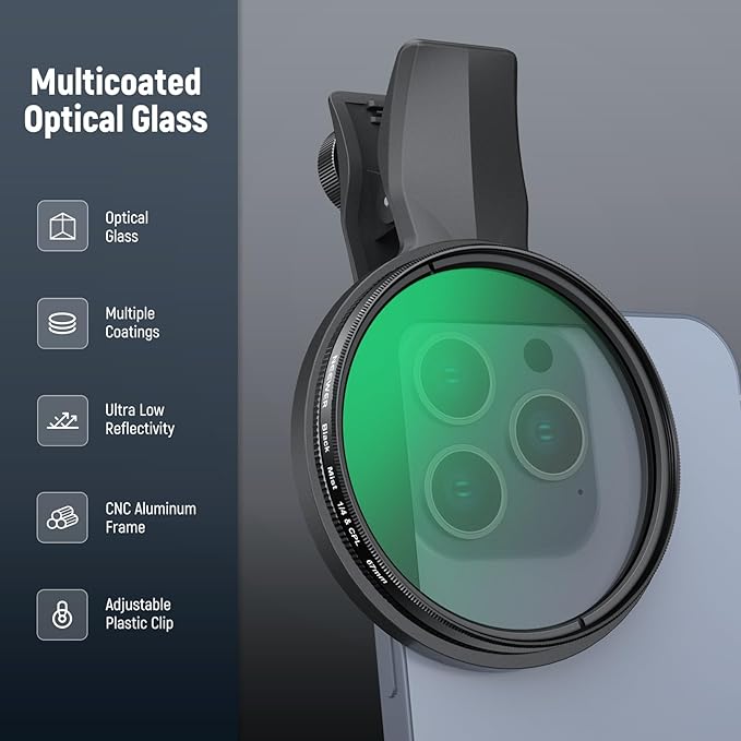 NEEWER 2 in 1 67mm Clip On CPL & Black Diffusion 1/4 Filter Compatible with iPhone 17 16 15 Pro Max Plus 16e 14 13 Mini 12, Circular Polarizing Phone Camera Lens Photography Accessories Kit, FL-B35