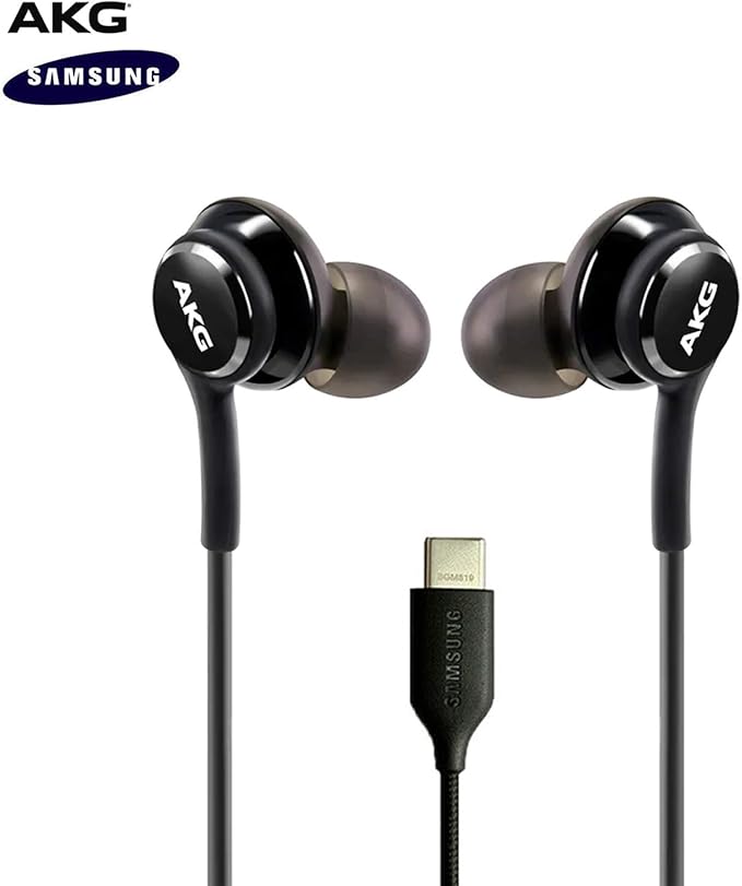 Type C Headphone Earbuds for Samsung Galaxy A53, S21, S22, S22 Ultra, S20 FE - Designed by AKG - Braided Cable with Microphone and Volume Remote USB-C Connector - Black