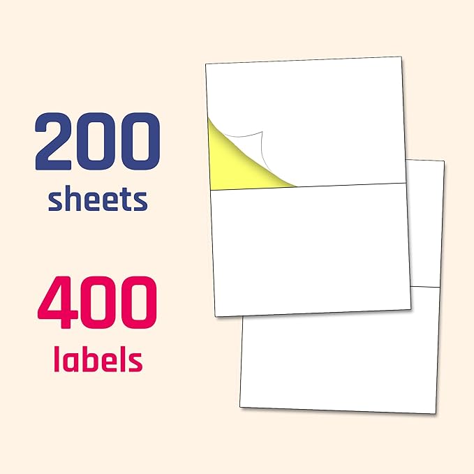 200 Sheets - Half Sheet Shipping Labels, Printable Sticker Paper, for Laser & Inkjet Printers - 2 per Sheet, 400 Pieces