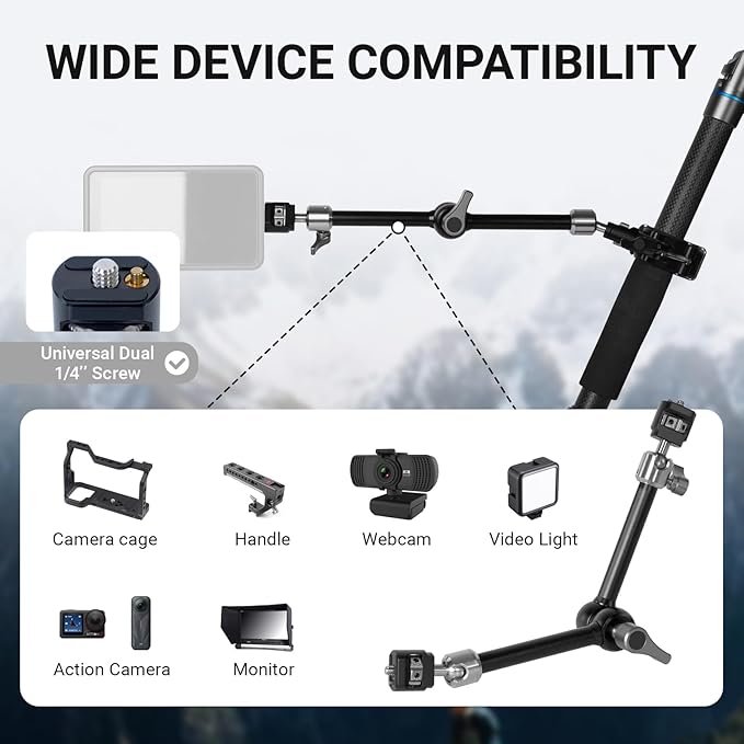 Heavy-Duty Articulating Magic Arm Mount with Super Clamp, 360° Dual Ball Head & 1/4" ARRI Locating Pin&Holes, Camera Monitor Mount for Action Camera Video LED Light (11" Magic Arm)