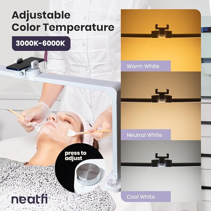 Neatfi LED Nail Tech Light, Desk Lamp for Nail Techs, Estheticians, Manicures, Facials, Threading, 40W, 3500 Lumens, Knob Control, Lampara para Mesa De Manicurista (with Charging Port, White)