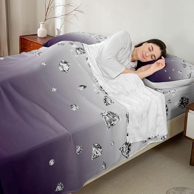 Erosebridal Purple Gradient Color Bed Sheets Set Purple Ombre Sheet Set Full Size Modern Abstract Fitted Sheet for Adult Women Girls Gradient Diamond Flat Sheet Soft Lightweight Luxury Bedding