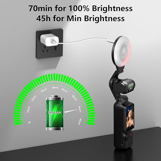 AMAZEAR LED Light for DJI OSMO Pocket 3 Accessories, Auto-Follow Gimbal Selfie Vlog Video Auxiliary Fill Lighting, CRI≥95, 3-Color Temp 2500-9000K Brightness Adjustable, 2W USB-C (Black)