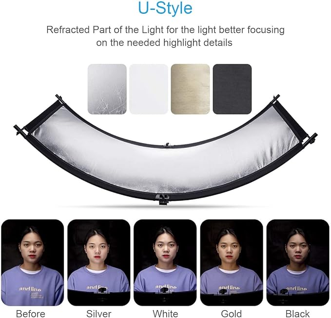 FOMITO Light Reflector 70"x25.6"/178x65cm Arclight Curved Eyelighter Lighting Diffuser for Photography Stuido Filming Shooting, Black/White/Gold/Silver