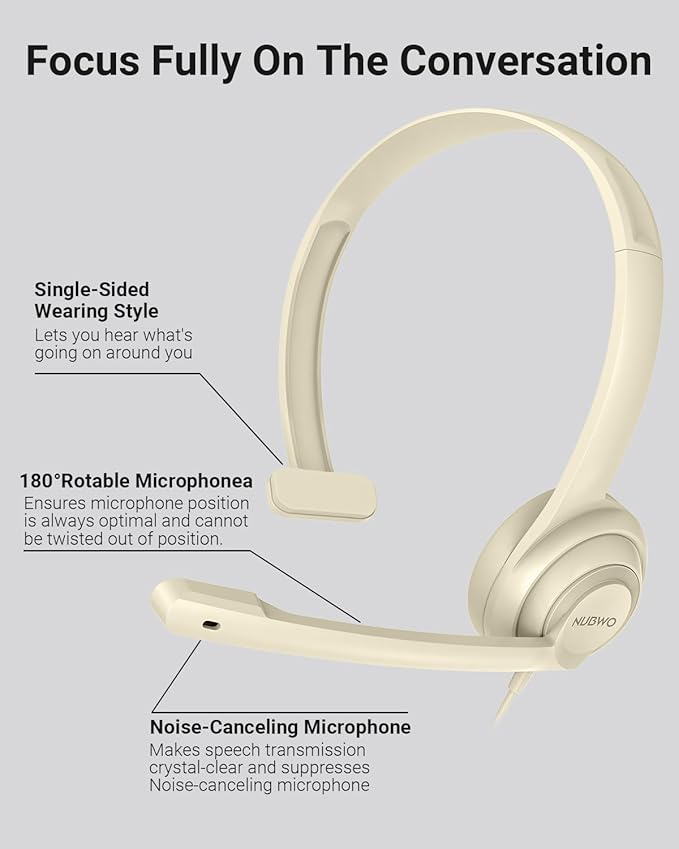 NUBWO HW02 USB Headset with Microphone Noise Cancelling &in-line Control, Ultra Comfort Computer Headset for Laptop pc, On-Ear Wired Office Call Center Headphone for Boom Skype Webinars (Apricot)