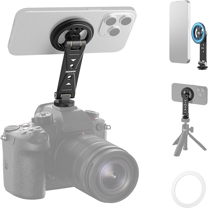 NEEWER Magnetic Phone Tripod Mount Compatible with MagSafe iPhone Samsung, Metal Adjustable Rotatable Cellphone Holder Adapter w/Cold Shoe for Tripod Mounting Camera Monitoring Video Recording, DS031