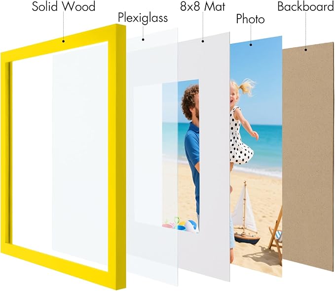 Vittanly 12x12 Picture Frame, Made of Solid Wood and Shatterproof Plexiglass, Display Pictures 8x8 with Mat or 12x12 without Mat, Wooden Photo Frame for Wall Mounting, Yellow, 1 Pack