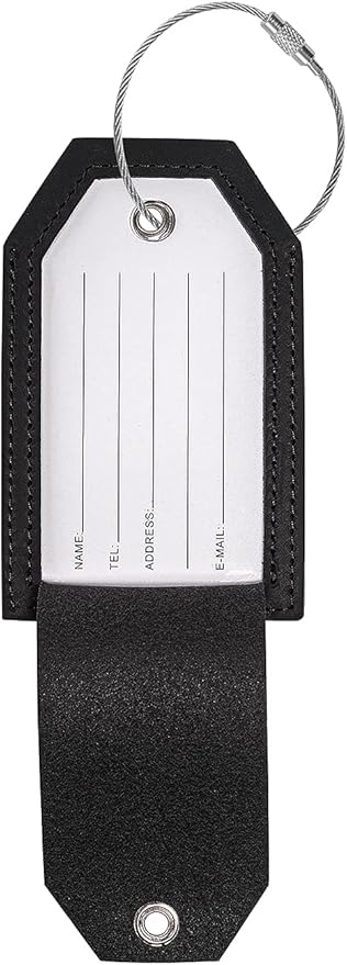 Genuine Leather Set of 2 Luggage Tag with Full Back Privacy Name ID Card Stainless Steel Loop Suitcase Labels Identifiers Baggage Tags Luggage for Women Men Travel (Black)