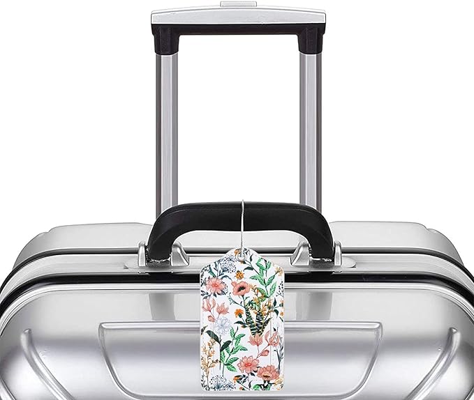 (Set of 2) Luggage Tag Leather Privacy Cover ID Label Address Card with Stainless Steel Loop, Travel Bag Tags Suitcase Labels,White Flowers