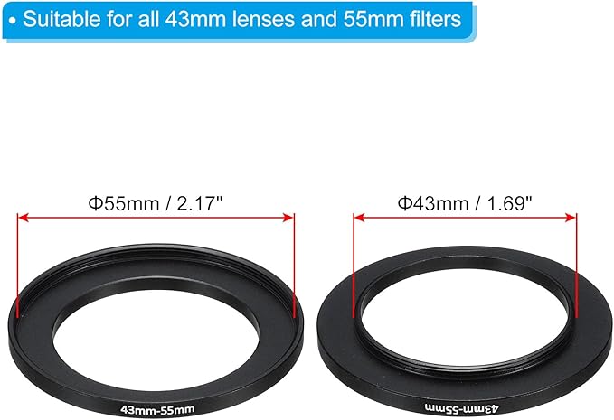 PATIKIL 43mm-55mm Metal Step Up Ring with Cleaning Cloth, 2 Pack Camera Lens Filter Adapter Ring Aluminum Filter Adapter Ring for Camera Lenses Hood, Black