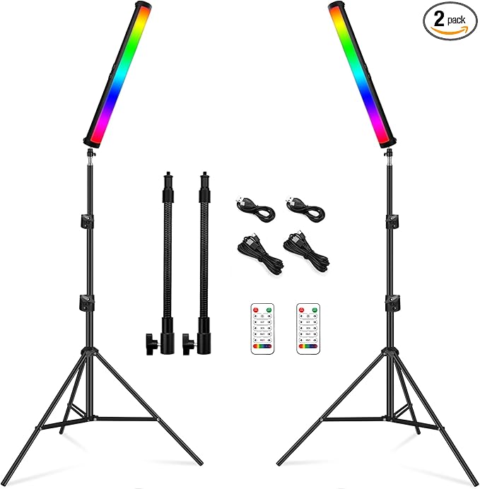 RGB Led Video Light Stick Wand with Stand, QEUOOIY 360° Full Color 2500-9500K Portable Studio Photography Lighting, 5000mAh Rechargeable Battery & Magnet with 27"-78.7" Tripod for Vlog