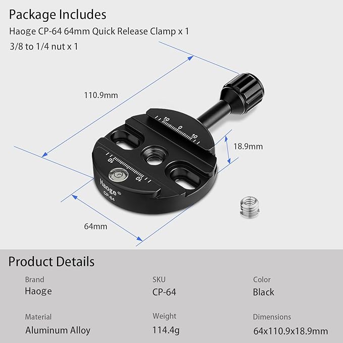 Haoge 64mm Screw Knob Clamp Adapter Mount for Quick Release QR Plate Camera Tripod Ballhead Monopod Ball Head Fit Arca Swiss