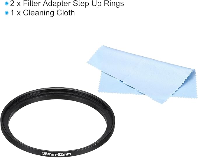 PATIKIL 58mm-62mm Metal Step Up Ring with Cleaning Cloth, 2 Pack Camera Lens Filter Adapter Ring Aluminum Filter Adapter Ring for Camera Lenses Hood, Black