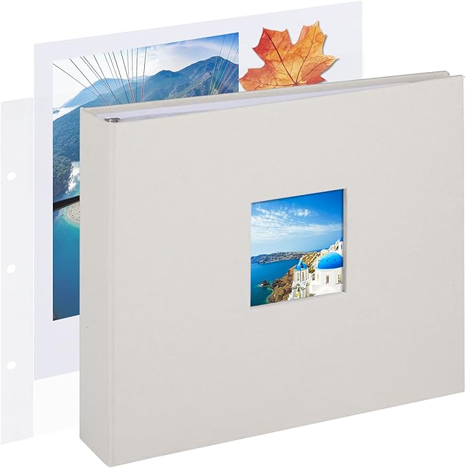 1DOT2 8x8 DIY Small 3 Ring Scrapbook Photo Album Journal with 30 Plastic Sleeves 60 Pages and Fabric Cover for Baby Travel Wedding Couple Anniversary Kids Adventure(Beige Cover/White Pages)