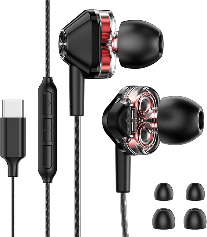 USB-C Wired in-Ear Earbuds, Dual Driver Hi-Fi Headphones with Mic, Noise Isolating Fit, Deep Bass, 5 ft Long Tangle-Free Cable, for iPhone 17 16 15/Android/Samsung Phone, Laptop