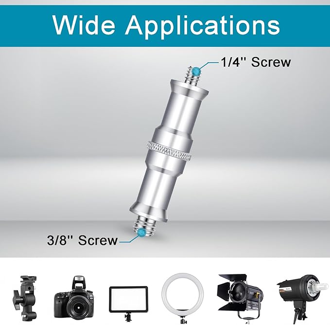 1/4 to 3/8 Inch Metal Threaded Screw Adapter (2 Pieces) - Male Convertor Spigot Stud for Studio Light Stand, Hotshoe/Coldshoe, Ball Head, Wireless Flash Receiver, Trigger