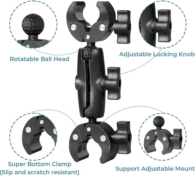 Sequpr Super Clamp Double Camera Clamp Mount with Non-Slip Head, Magic Arm Double Ball Head Adapter for Photography Light Stand, Umbrella, Selfie Stick, Reflector, Desktop, Cross Bars