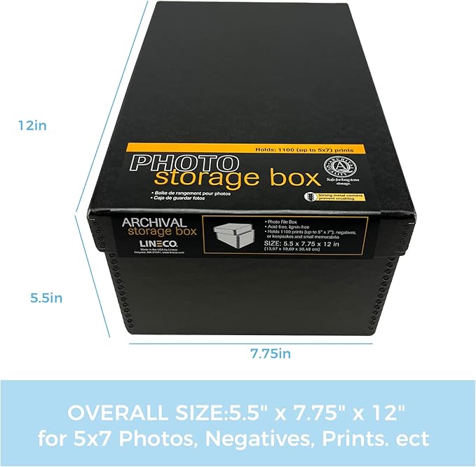 Lineco Archival Photo Storage Box, Holds up to 1100 of 5x7 Pictures, 4x6 Photograph Container with Removable Lid. Preserve Snapshot, Negatives, Prints, Films, Card, 5"x7"x12", Black