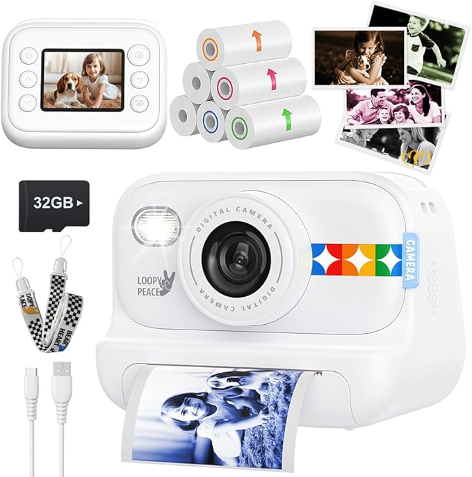 Kids Color Instant Print Camera – Kids Camera with 5 Color Photo Paper, 48MP & 1080P Video, 21 Fun Frames, 32G Card, Christmas/Birthday Gifts for Girls and Boys Ages 3 4 5 6 7 8 9 10 11 12 -White
