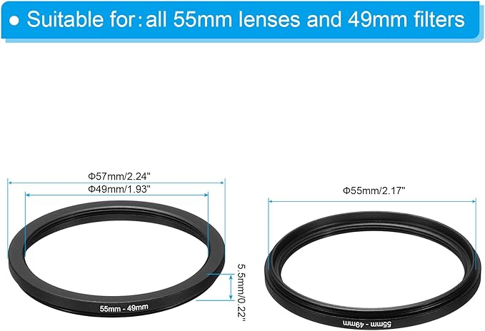 PATIKIL 55mm-49mm Metal Step Down Ring, Camera Lens Filter Adapter Ring Aluminum Filter Adapter Ring for Camera Lenses Hood, Black