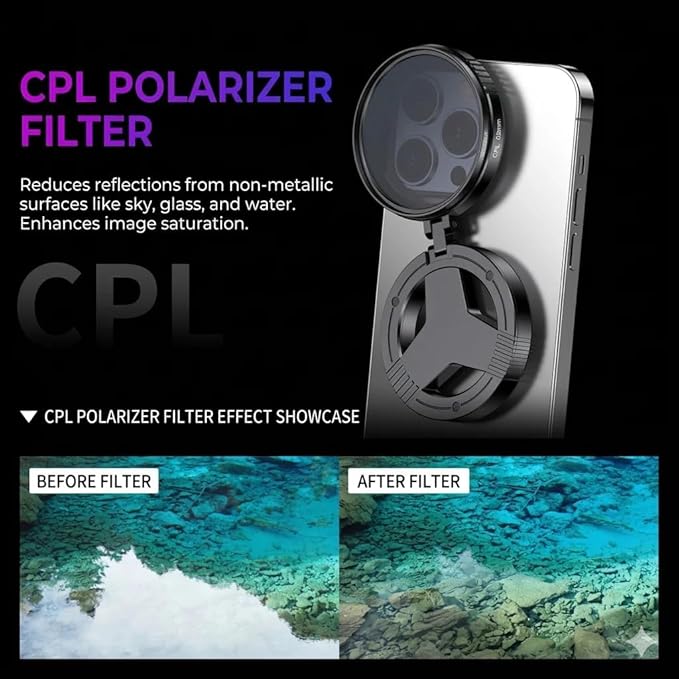 Anti-Glare Magnetic Phone Filter, Anti-Glare, Reduces Reflections Enhances Colors, Magnetic Phone Filter with Cleaning Cloth, Foldable 52mm Cpl Polarizing Lens (3PCS)