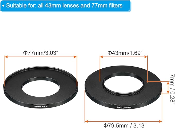 PATIKIL 43mm-77mm Metal Step Up Ring, 2 Pack Camera Lens Filter Adapter Ring Aluminum Filter Adapter Ring for Camera Lenses Hood, Black