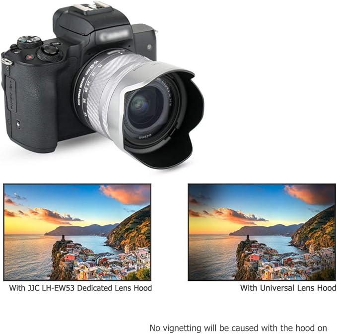 JJC Camera Lens Hood Shade for Canon EF-M 15-45mm f/3.5-6.3 is STM & RF-S 18-45mm f/4.5-6.3 is STM Lens on Canon EOS R100 R50 M50 M50 Mark II M5 M6 Mark II M200 M100 Replaces Canon EW-53 Hood-Sliver