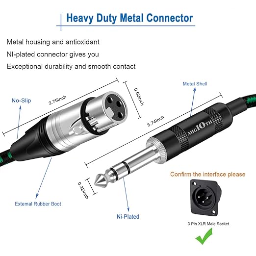 6ft 2Pack XLR to 1/4" TRS Mic Cable - 3-pin XLR Male to Quarter inch TRS Female for Microphone, Mixer, Amplifier