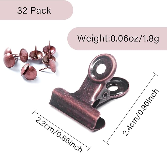 Bulldog Clips with Hole for Push-pin, Paper File Clips with Strong Spring, Small Metal Binder Clips, Seal Clamps for Coffee Tea Food Bags, Decorative Clips for DIY Photo Grid (Copper, 22 mm)