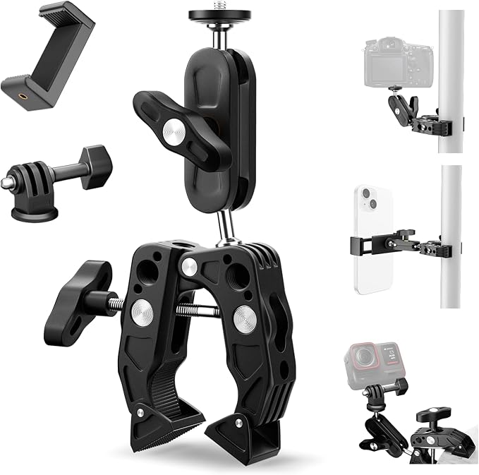 Super Clamp Camera Mount with 360 Dual Ballhead Magic Arm, 1/4"-20 & 3/8"-16 Thread and Phone/Action Camera Mount Adapter for Canon Nikon DSLR Camera/Gopro/LED Light/Monitor