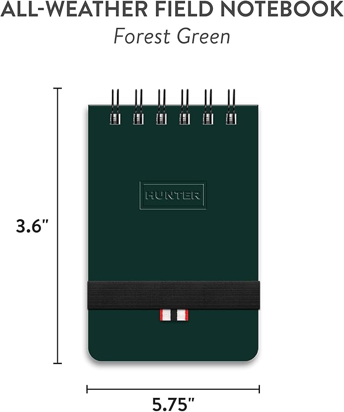Hunter - All Weather Field Book, 5.75” X 3.6” 128 Pg Outdoor Notebook With Elastic Band to Protect Notes, Pocket Journal With Dot Grid Stone Paper for Surveying, Water & Tear Resistant, Forest Green