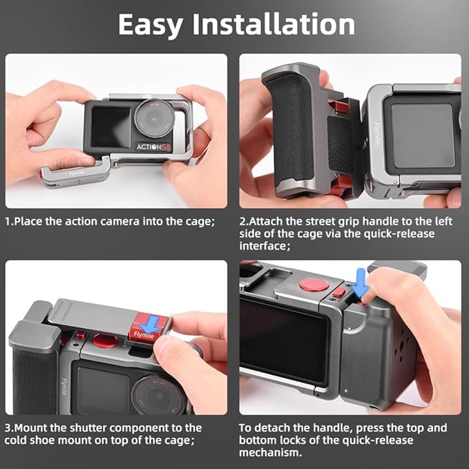 Handle Grip Kit for DJI Action 5 Pro, with Action 5 Pro Cage, Street Photography Quick Release Holder Mount, Shutter Button, Cold Shoe, 1/4 Threaded Hole for Tripod Selfie Stick