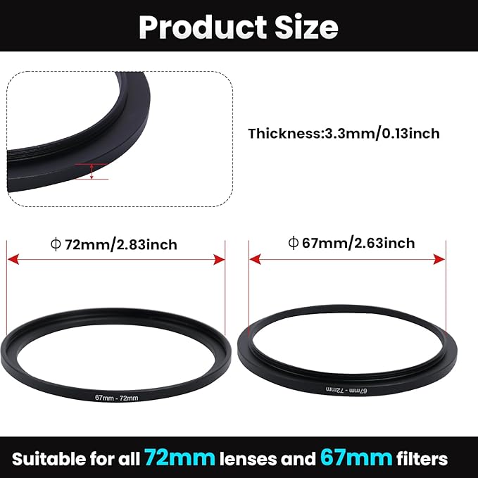 Metal Step Up Ring Filter Adapter - 67mm to 72mm - Metal Ring Step Up Rings Adapter Filter Compatible with All 72mm UV, CPL, ND, Lens Hood, Threaded Lens ect