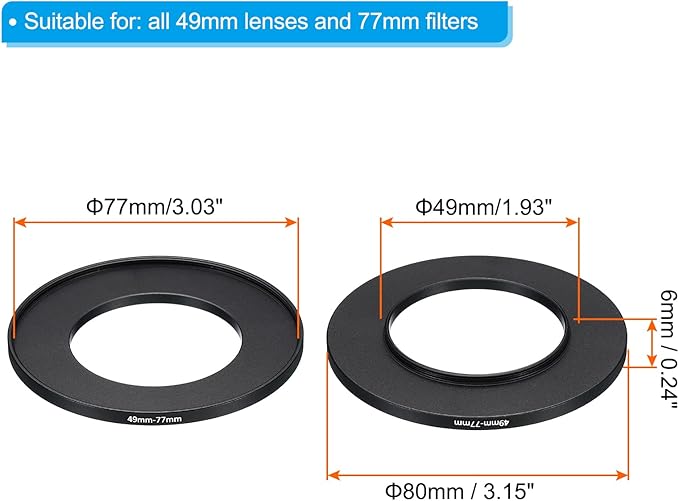 PATIKIL 49mm-77mm Metal Step Up Ring, 2 Pack Camera Lens Filter Adapter Ring Aluminum Filter Adapter Ring for Camera Lenses Hood, Black